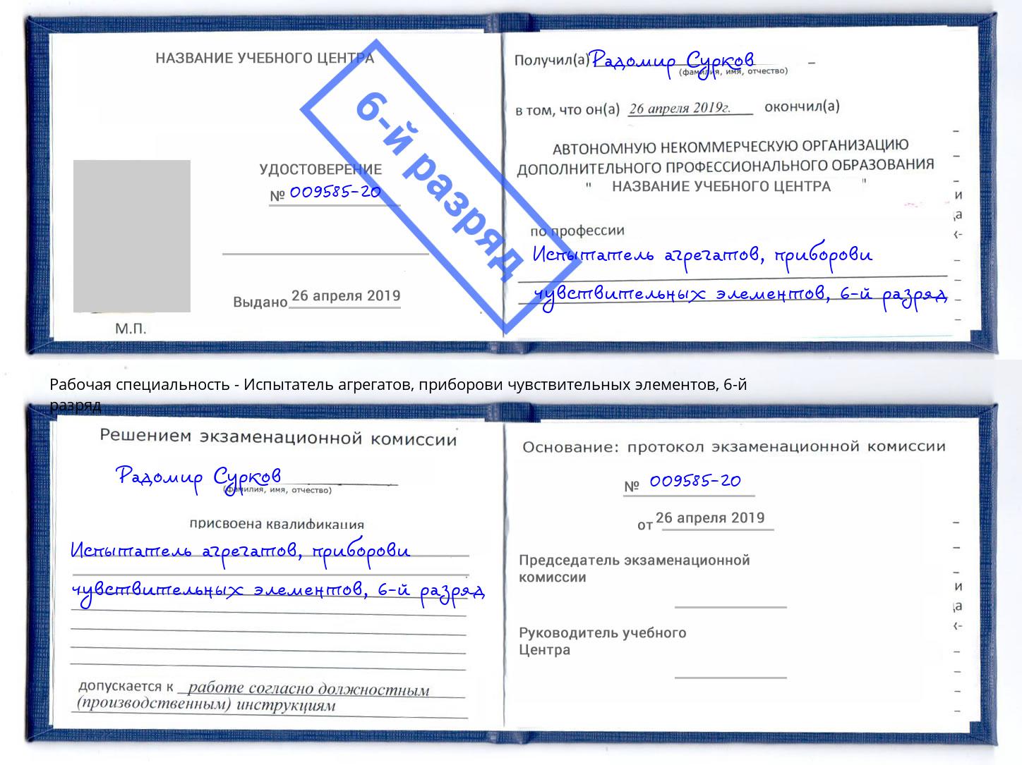 корочка 6-й разряд Испытатель агрегатов, приборови чувствительных элементов Воткинск