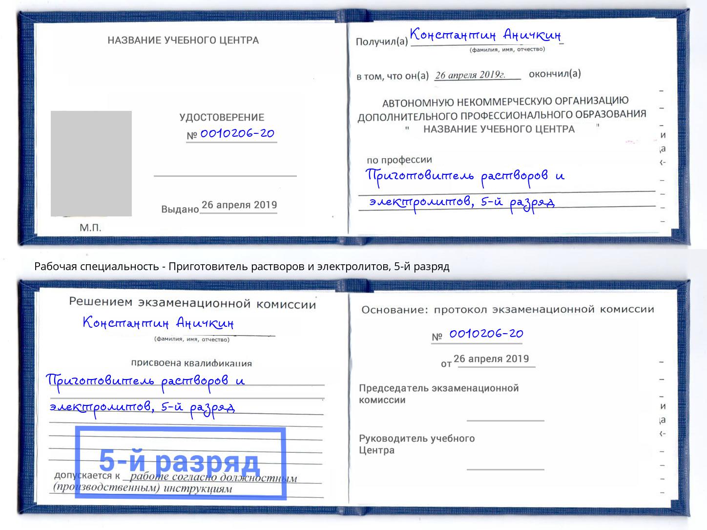 корочка 5-й разряд Приготовитель растворов и электролитов Воткинск