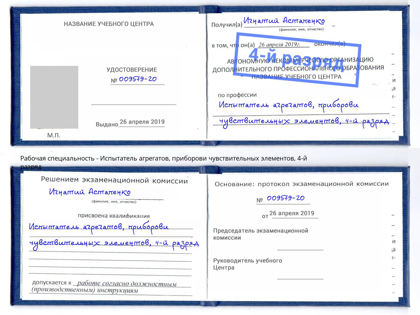корочка 4-й разряд Испытатель агрегатов, приборови чувствительных элементов Воткинск