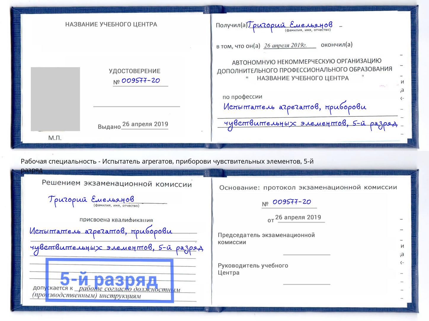 корочка 5-й разряд Испытатель агрегатов, приборови чувствительных элементов Воткинск