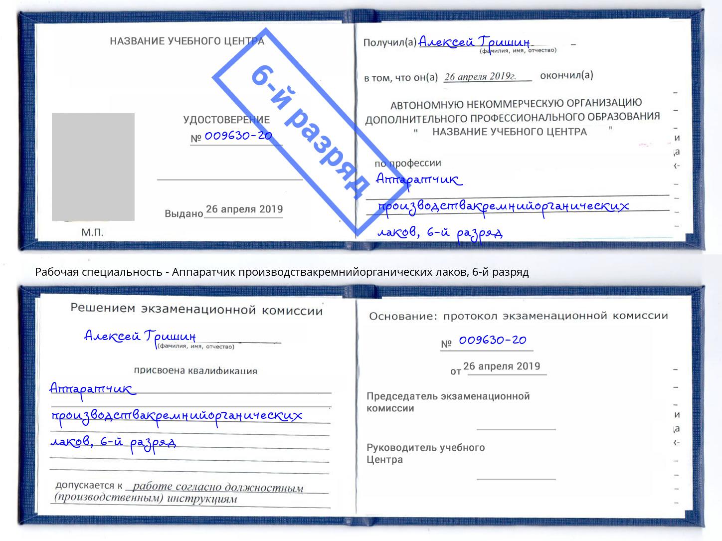 корочка 6-й разряд Аппаратчик производствакремнийорганических лаков Воткинск