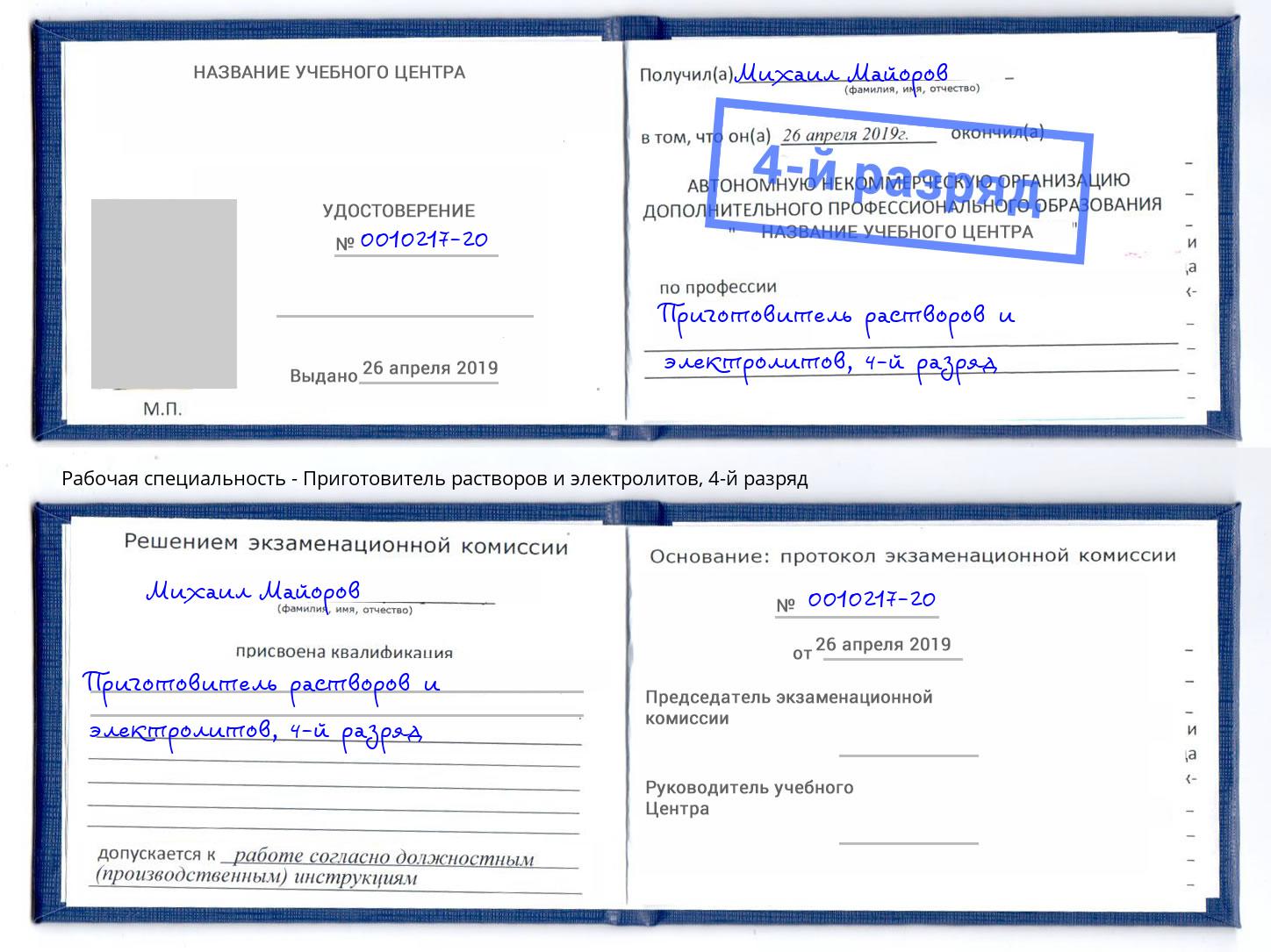корочка 4-й разряд Приготовитель растворов и электролитов Воткинск
